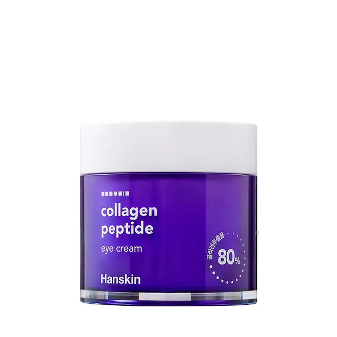 Hanskin Collagen Peptide Eye Cream in purple jar with white lid, 80% collagen formula for radiant under-eye care