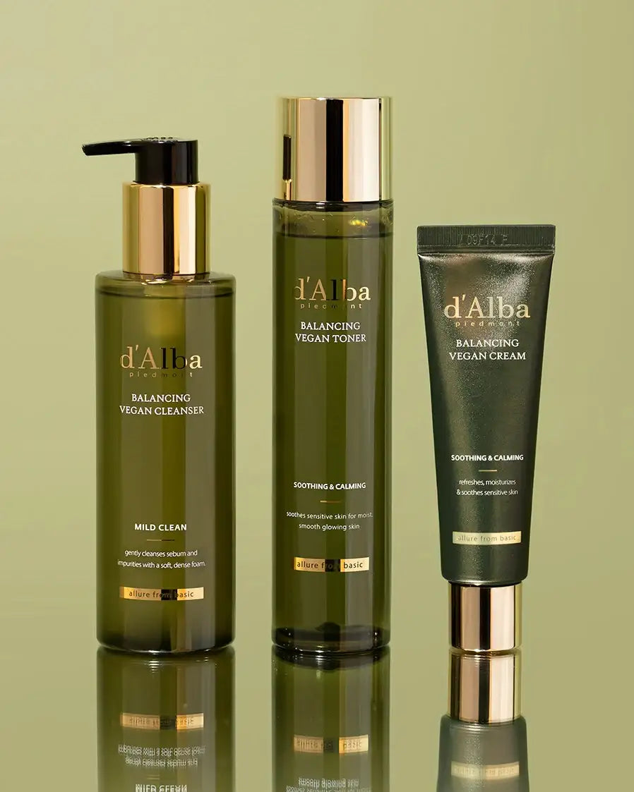 d'Alba Balancing Vegan Skincare Set: Cleanser, Toner & Cream for Soothing, Calming Sensitive Skin