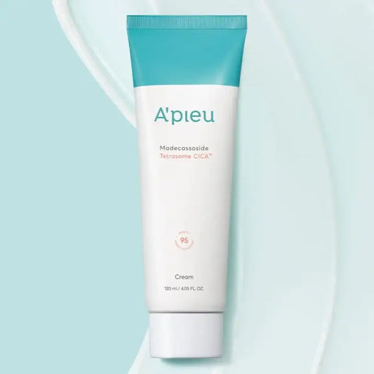 A'pieu Madecassoside Tetrasome CICA Cream for soothing skincare, 120ml tube on soft blue background