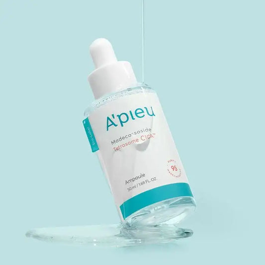 A'pieu Madecassoside Tetrasome CICA Ampoule skincare serum with dropper, 50ml, purity 95%, on light blue background