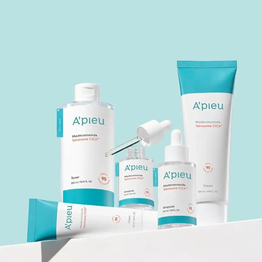 A'pieu Madecassoside Tetrasome CICA skincare set with toner, ampoule, cream on light blue background