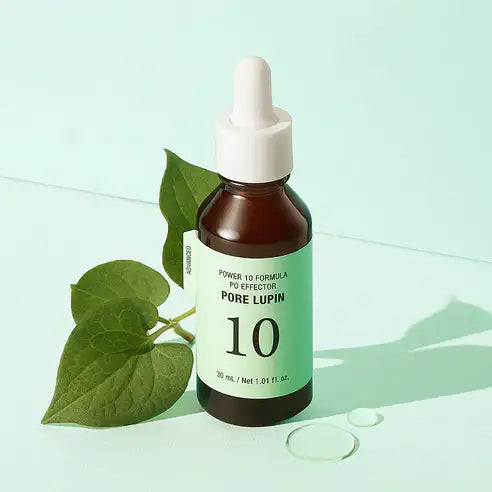 Pore Lupin 10 serum bottle with dropper, green leaves, and water droplets on mint background